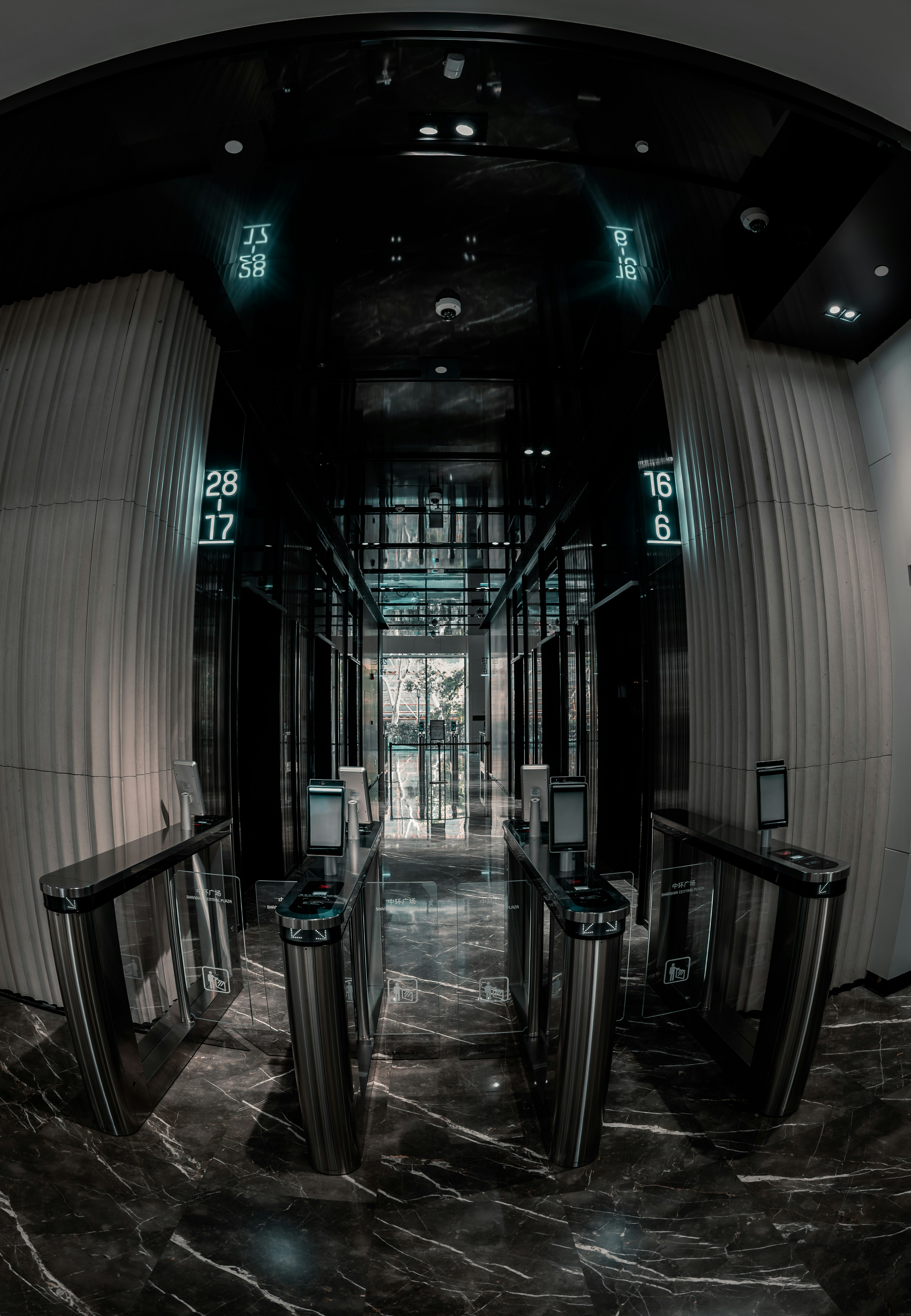 Dark modern entrance to a secured building